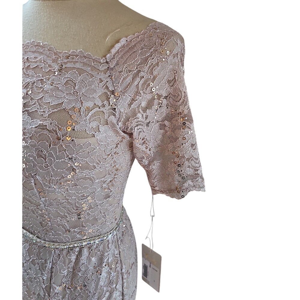 Cindy Collection USA Rose Gold Lace Sequin Mermaid Gown Rhinestone Belt 1638 S - Picture 4 of 13